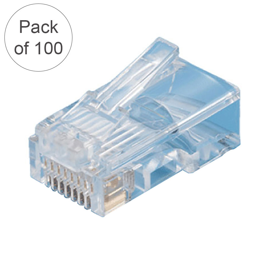 Ultima RJ45 Plug 8P8C Cat5e Unshielded Round 6mm 24-28 AWG Stranded or Solid One-Part Clear (Pack of 100) P100