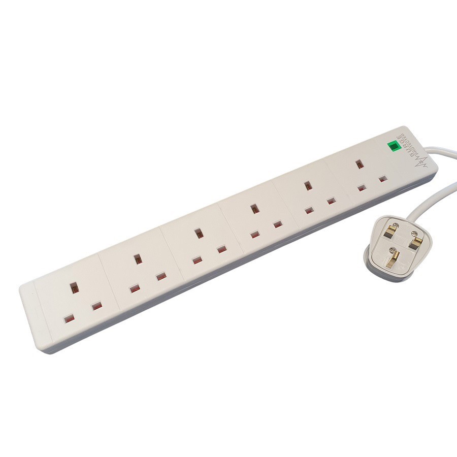 Surge Protected Trailing Socket 6 Way 13A Mains Extension White (L)2Mtr