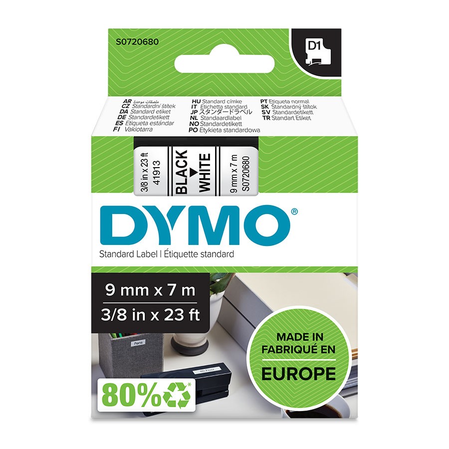 DYMO D1 Label Tape Standard Black on White S0720680 (W)9mm x (L)7Mtr