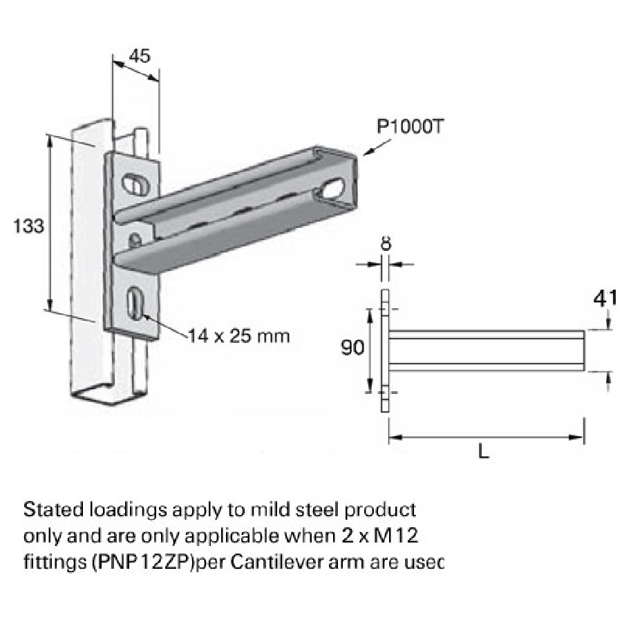 Unistrut Channel Cantilever Arm Slotted 90 Degree Hot Dip Galvanised Steel P2668T/450H (H)133mm x (L)450mm