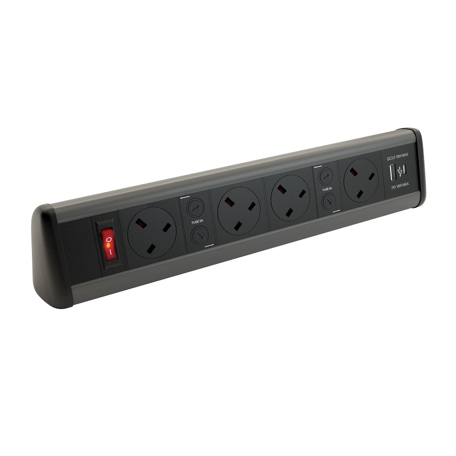 Desktop Power Pack Power & USB 4x UK Sockets 1x USB-A 1x USB-C 1 Master Switch Grey/Black