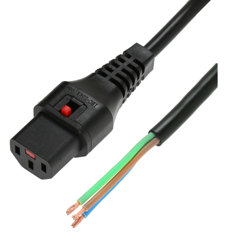 IEC-LOCK Lockable Power Cable Unterminated Free End C13 IEC Female Straight 3X1mm2 Black (L)3Mtr