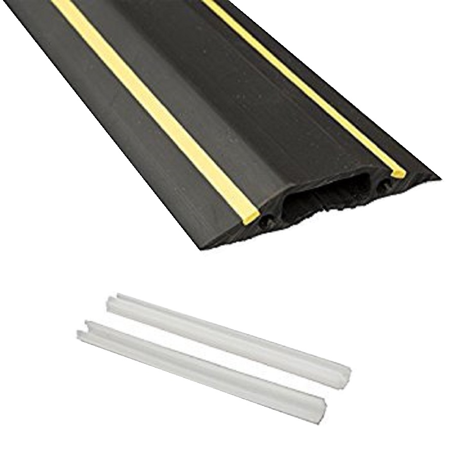 D-Line Trade Floor Cable Cover Medium Duty Linkable 1x 30x10mm Cavity Black/Yellow (W)83mm x (L)1.8Mtr Comes With 2 Connector Pins