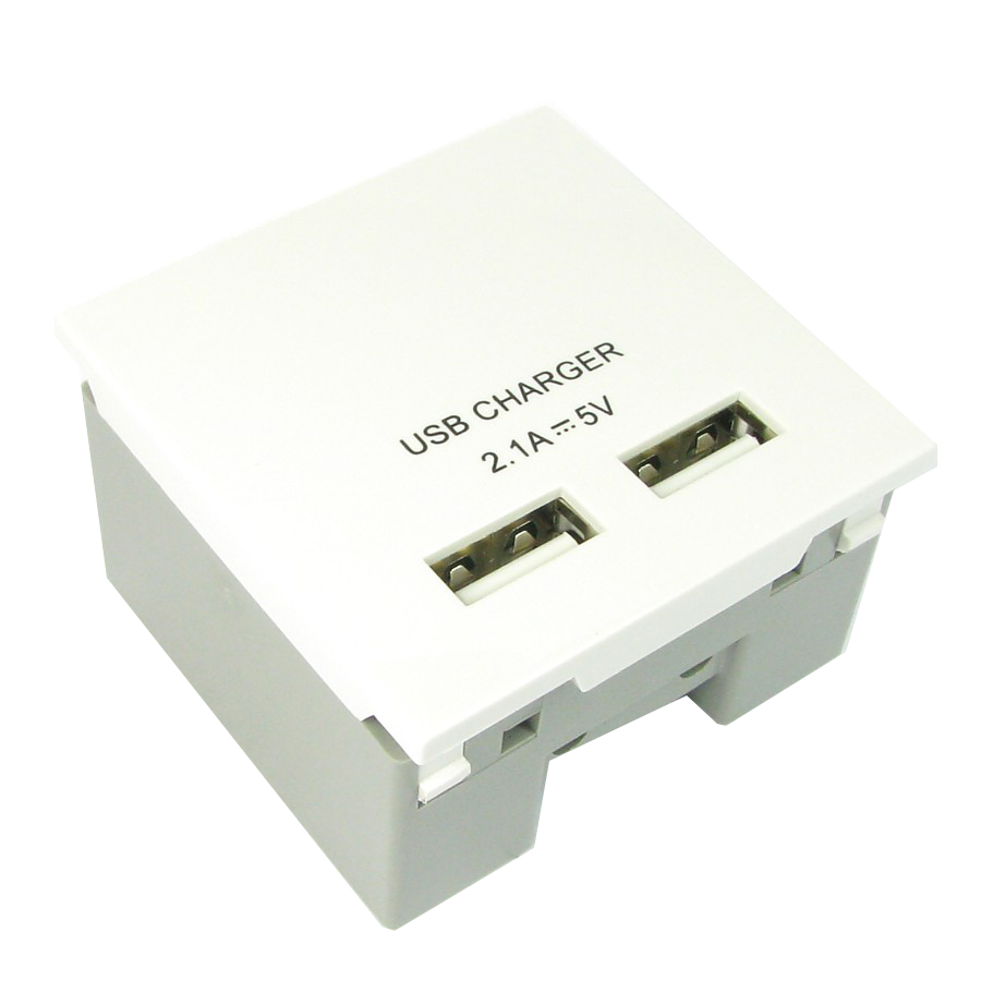 USB Charging Euro Module Screw Terminal 2x USB Charging 2.1A White (H)50mm x (W)50mm x (D)35mm