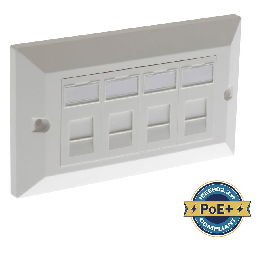 Ultima Assembled Outlet Cat6 Double Gang 4 Ports Bevelled Faceplate White (H)86mm x (W)146mm